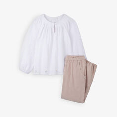 Комплект из хлопковой блузки и брюк с цветочной вышивкой The Little White Company, мультиколор
