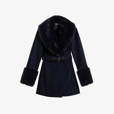 Пальто из смесовой шерсти Loleta с воротником из искусственного меха Ted Baker, темно-синий