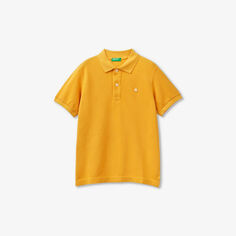 Хлопковая рубашка-поло с короткими рукавами и вышитым логотипом для детей 6–14 лет Benetton, желтый