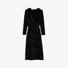 Платье миди из эластичного бархата, украшенное стразами и вырезами Sandro, цвет noir / gris