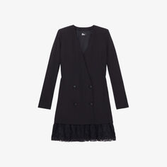 Двубортное мини-платье из эластичного крепа с кружевной вышивкой The Kooples, черный