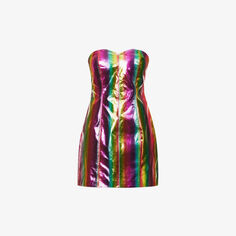 Платье мини из искусственной кожи в радужную полоску с вырезом сердечком Amy Lynn, мультиколор