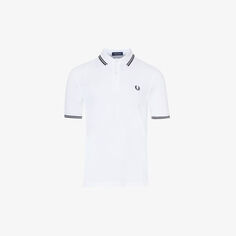 Рубашка-поло из хлопкового пике с вышитым логотипом в полоску Fred Perry, белый