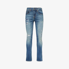 Узкие потертые зауженные джинсы средней посадки из эластичного денима 7 For All Mankind, синий