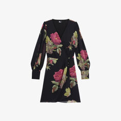 Тканое мини-платье мини с цветочным принтом и запахом спереди The Kooples, черный