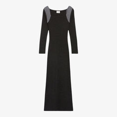 Платье миди контрастной вязки с квадратным вырезом из смесовой шерсти Claudie Pierlot, цвет noir / gris