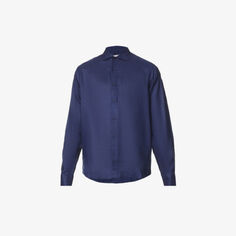 Льняная рубашка классического кроя Giles с фирменной биркой Orlebar Brown, темно-синий