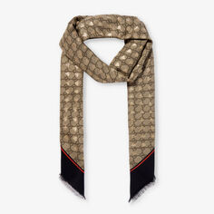 Тканый шарф с контрастной окантовкой и принтом монограммы Gucci, черный