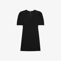 Креповое платье мини с окантовкой из искусственной кожи и пышными рукавами The Kooples, черный