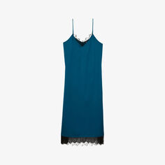 Атласное платье-комбинация миди с кружевной отделкой The Kooples, синий