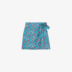 Тканая мини-юбка с запахом и цветочным принтом The Kooples, синий