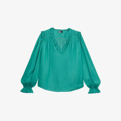 Атласная блузка свободного кроя с оборками The Kooples, зеленый