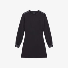 Мини-платье из эластичной ткани с круглым вырезом и кожаными манжетами The Kooples, черный