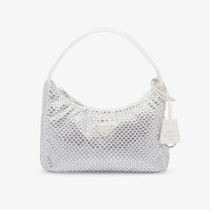 Атласная сумка на плечо, украшенная кристаллами Prada, белый