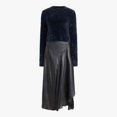 Платье миди Megan «два в одном» из переработанного полиэстера с асимметричным краем Allsaints, черный