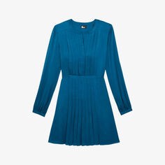 Атласное мини-платье мини с V-образным вырезом и плиссировкой The Kooples, синий