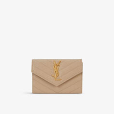 Маленький кожаный кошелек-конверт с монограммой Saint Laurent, бежевый