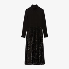 Тканое платье миди с расклешенными рукавами и круглым вырезом Claudie Pierlot, цвет noir / gris