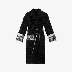 Хлопковый махровый халат с логотипом и принтом в стиле барокко Versace, черный