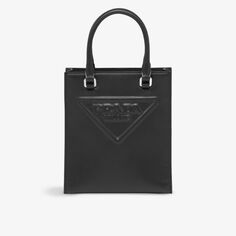 Кожаная сумка с тисненым логотипом и верхней ручкой Prada, черный