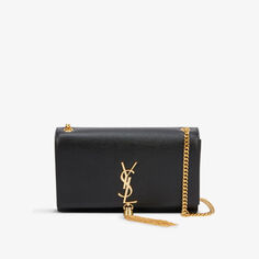Кожаная сумка через плечо Kate среднего размера с цепочкой и кисточками Saint Laurent, черный