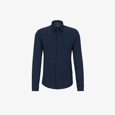Рубашка узкого кроя из смесового хлопка с кентовым воротником и мотивным принтом Boss, синий