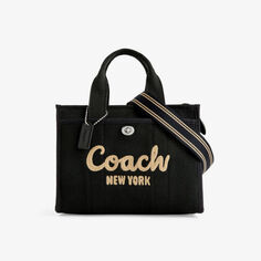 Маленькая холщовая сумка-тоут со съемным ремешком и вышитым логотипом Coach, черный