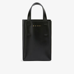 Кожаная сумка-тоут с брендовым принтом Marni, черный