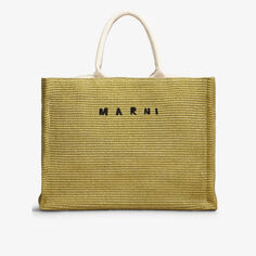 Сумка-тоут из рафии с вышитым логотипом Marni, цвет pistacchio/natural