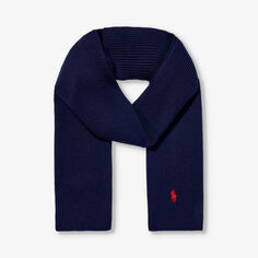 Шерстяной вязаный шарф с фирменной вышивкой Polo Ralph Lauren, цвет hunter navy