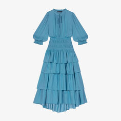 Ярусное атласное платье миди Radjinette с завязками на воротнике Maje, цвет bleus