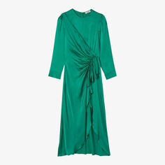 Платье миди из эластичного атласа с оборками Sandro, цвет verts