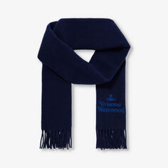 Шерстяной шарф с фирменной вышивкой и бахромой Vivienne Westwood, темно-синий