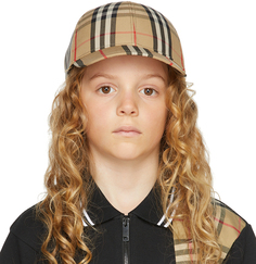 Детская бежевая кепка в винтажную клетку и полоску со значками Burberry