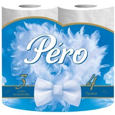 Туалетная бумага Pero, White, 3 слоя, 4 шт, с втулкой, белая ПЕРО
