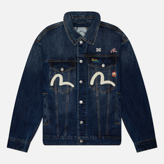 Мужская джинсовая куртка Evisu Evergreen Inari Mask Printed Denim With Multi Metal Pins, цвет синий