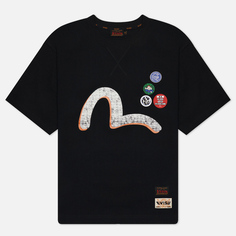 Мужская футболка Evisu Seagull & Slogan Misty Print Multi Logo Badges, цвет чёрный, размер XXL