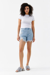 шорты джинсовые женские Шорты мини джинсовые с рваными краями и бахромой Befree