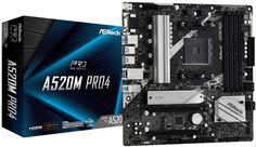 Материнская плата mATX ASRock A520M PRO4 (AM4, AMD A520, 4*DDR4(4733), 4*SATA 6G RAD, 2*M.2, 2*PCIE, 7.1CH, Glan, 9*USB 3.2/USB Type-C, D-Sub/HDMI/DP)