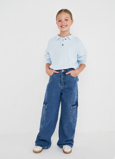 Широкие джинсы-карго на трикотажной подкладке для девочек, Синий O'stin