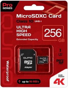 Карта памяти MicroSDXC 256GB Qumo QM256GMICSDXC10U3 Class 10 Pro UHS-I U3, SD адаптер