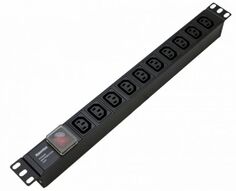 Блок розеток 19, 10 розеток Hyperline SHE19-10IEC-S-IEC горизонтальный, с выкл. с подсветкой, 10A, 250В, без кабеля питания, вх.розетка IEC 320 C14