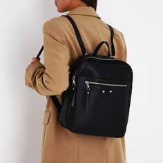 Рюкзак женский из искусственной кожи на молнии, 3 кармана, цвет черный NO Brand