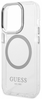 Guess Чехол Metal MagSafe для iPhone 14 Pro, прозрачный/серебристый