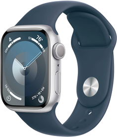 Apple Watch Series 9, 45 мм, корпус из алюминия серебристого цвета, спортивный ремешок цвета «грозовой синий», размер M/L