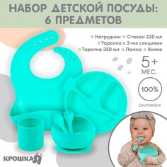 Набор для кормления: нагрудник, тарелка 2шт, стакан, приборы, крошка я, бирюзовый