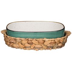 Блюдо фарфор, 25х33х9 см, 3 л, овальное, для запекания в плетеной корзине, мятное, Bronco, Nature, 263-1091