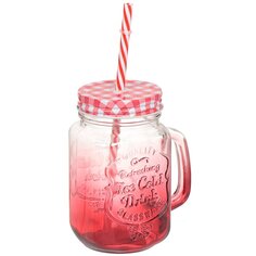 Банка для напитков/смузи стекло, 450 мл, с крышкой, с трубочкой, SDFG0114-4, красная