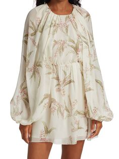 Мини-платье с цветочным принтом и пышными рукавами Giambattista Valli, цвет White Rose