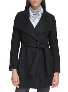 Пальто с запахом и воротником-крылышком из смесовой шерсти Calvin Klein, черный